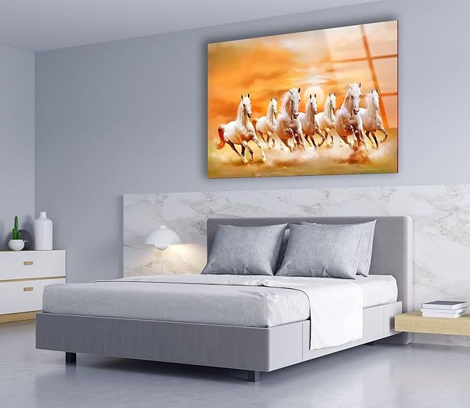 My Photostation.com Round 24'' White Horses Running on Sunset Glass Wall ArtTempered Glass Printing Wall Decor Large Wall Art Wall Hangings