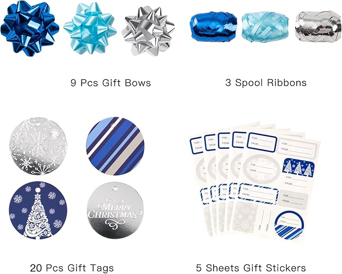 WRAPAHOLIC Blue Christmas Wrapping Paper Set - Blue and Silver Metallic Foil Shine Christmas Wrapping Paper Bundle with Gift Bow & Ribbon & Tag & Sticker