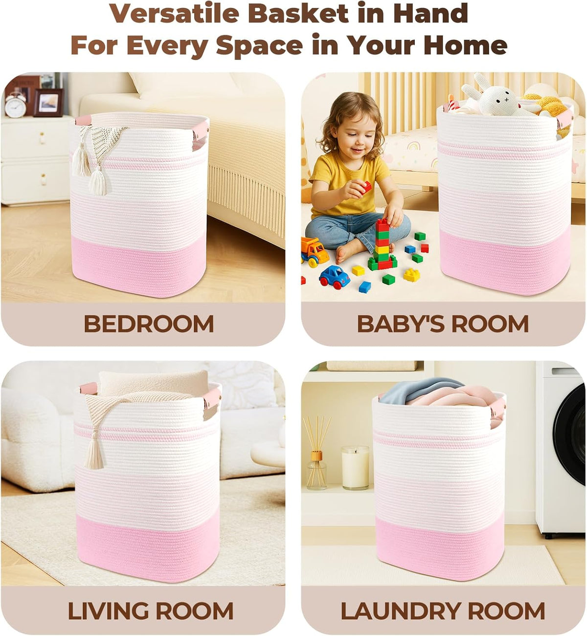 Laundry Basket with Handles - Blanket Basket & Hampers for Bedroom Aesthetic, Laundry Hamper & Blanket Storage for Living Room, Clothes Hamper, Tall, Large 17" x 14" x 22”, Pink & White