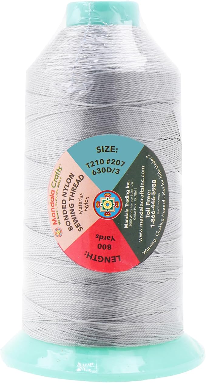 Mandala Crafts Bonded Nylon Thread Silver Heavy Duty Sewing Threads - 800 YDs Size 207 630D T210 Tex 210 Thread for Leather Jeans Weaving Outdoor Marine Upholstery Threads