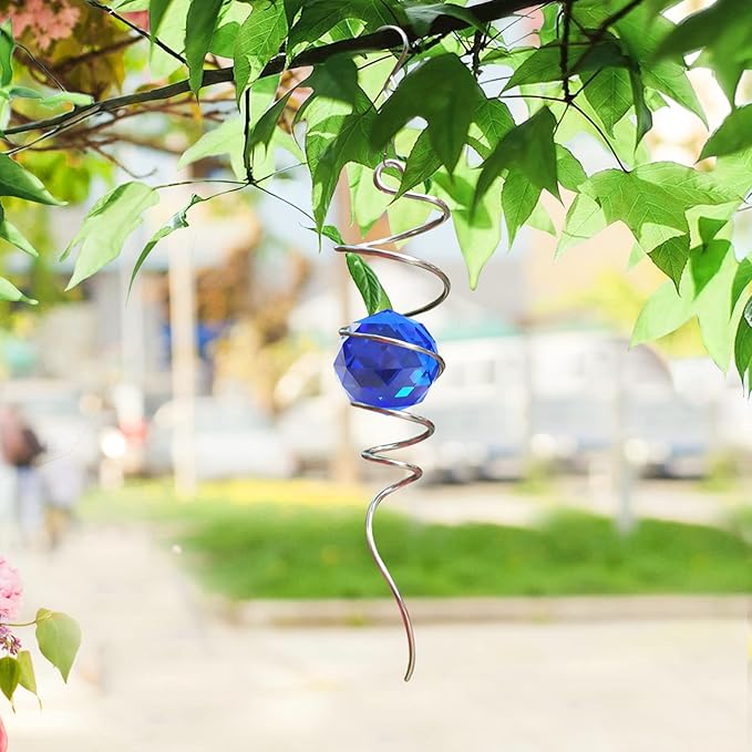 FONMY Gazing Ball Spiral Tail -Decorative Wind Spinner Sun Catcher Rainbow Maker 11 inch Tail and 2 inch Dark Blue Crystal Orb. Indoor Outdoor Garden Decoration -13 inch Height