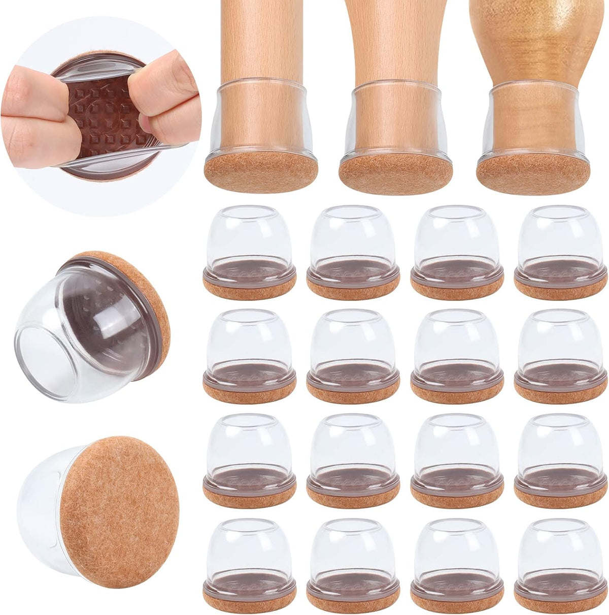 Ezprotekt 24 Pcs Extra Large Chair Leg Protectors with Felt, Round Chair Leg Caps, Floor Protectors for Chairs, Felt Furniture Pads Covers, Bar Stools Leg Protectors Cups (XL Fit: 1.4"-1.65", Clear)