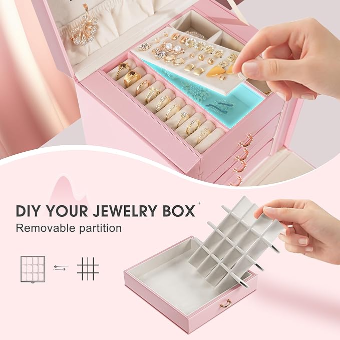 5-Layer Jewelry Box with 4 Drawers, Huge Portable Jewelry Organizer with Lock and Mirror for Women, for Necklace Ring Earring Bracelet Storage, Lockable Jewelry Case, Pink