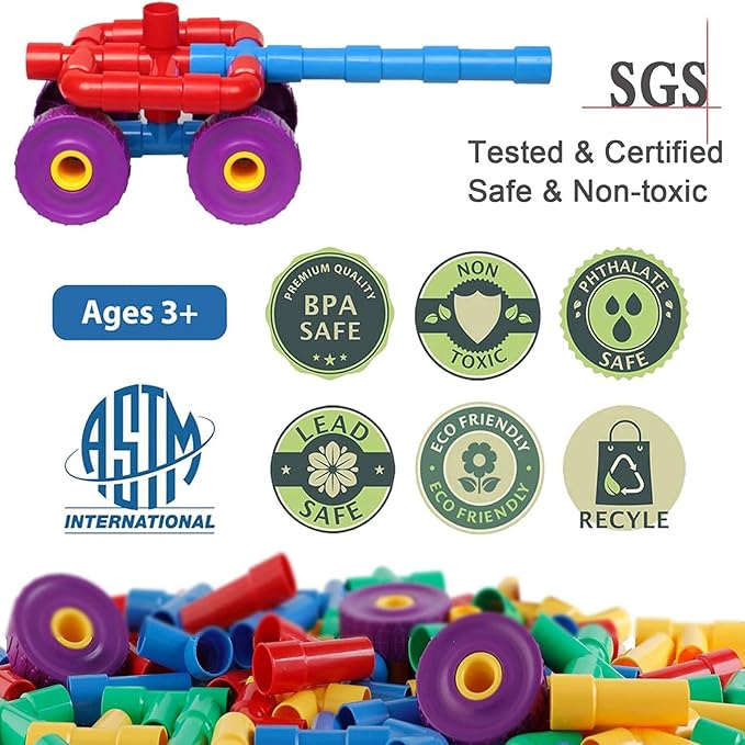 ZOZOPLAY STEM Learning Toy Tubular Pipes & Spouts & Joints 64 Piece Build Bicycle, Tank, Scootie, Moter Skills Endless Designs Educational Building Blocks Set for Kid Ages 3+ Multicolor