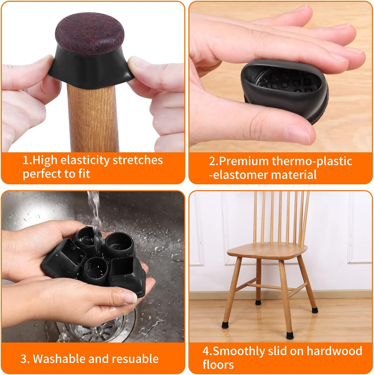 Ezprotekt 24 Pcs Round Silicone Chair Leg Floor Protectors with Felt, Floor Protectors for Chairs, Felt Furniture Pads Cups for Hardwood Floors, Chair Leg Caps Covers (M Fit: 0.87"-1", Black)