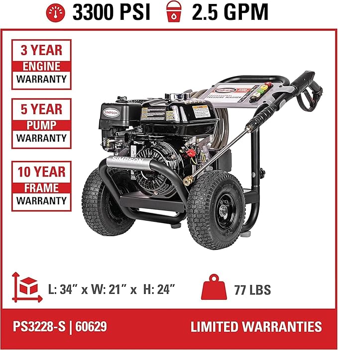 SIMPSON Cleaning PS3228 PowerShot 3300 PSI Gas Pressure Washer, 2.5 GPM, Honda GX200 Engine, Includes Spray Gun and Extension Wand, 5 QC Nozzle Tips, 5/16-inch x 25-foot MorFlex Hose, 49-State