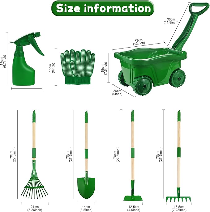 Duckura Kids Gardening Tools Set - 7pcs Wheelbarrow Set for Kids with Shovel, Rake, Leaf Rake, Summer Outdoor Yard Digging Weed Toys, Halloween Birthday Gifts for Boys Girls Age 2 3+ Years Old(Green)