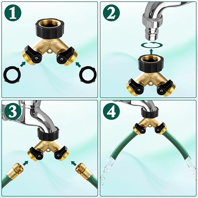Dalmbox Garden Hose Splitter 2 Way, Y Connector Brass Garden Hose Adapter, Water Hose Splitter, Double Shut Off Valve, Includes 5 Rubber Washers & Teflon Tape(2 pack)