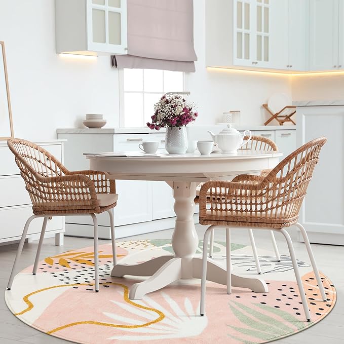 Lahome Pink Round Rugs 8Ft - Washable Boho Area Rug for Living Room Non-Slip Soft Ultra-Thin Large Round Rug Dining Room Rug, Botanical Print Floor Round Carpet for Bedroom Office Dorm (Pink, 8'x8')