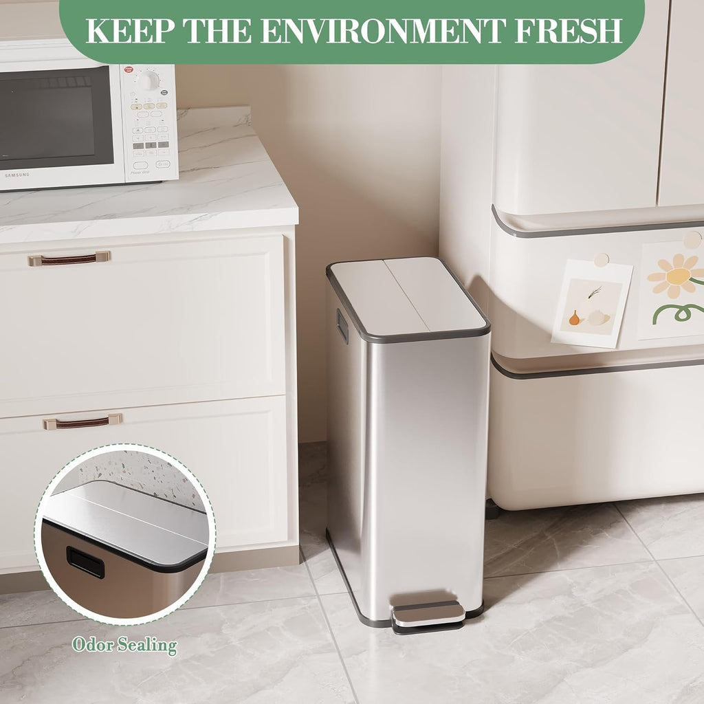 15-Gallon Dual Trash Can, Step-On Pedal Kitchen Trash Bin with Butterfly Lid, Odor-Proof Stainless Steel Large Trash Recycle Bin Combo with Removable Inner Buckets (2 x 28L) - Silver