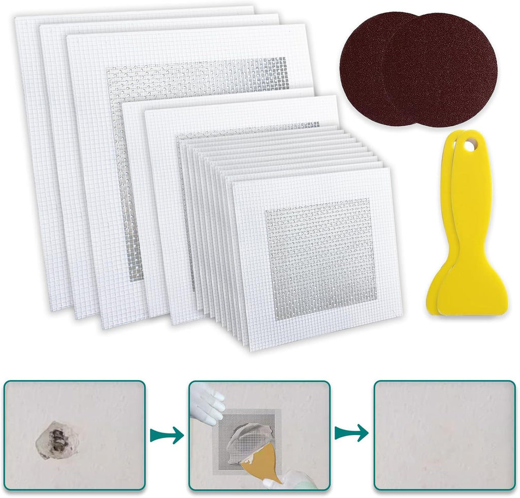 19 Pack Drywall Repair Kit for Large Holes, 2/4/6/8 Inch Dry Wall Patch Kits for Erase a Small Nail Hole, Plaster Wall Patching Self Adhesive Aluminum Mesh with Scraper and Sandpaper