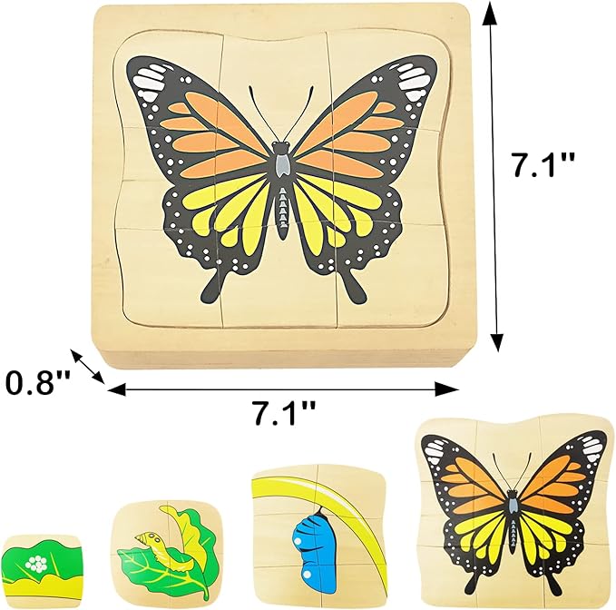 Montessori Wooden Puzzles for Kids Ages 4-8, 4 Layer Life Cycle of Butterfly Jigsaw Puzzle for Toddlers, Children Preschool Learning Educational Puzzles Spring Toys Gift for Boys and Girls (Butterfly)