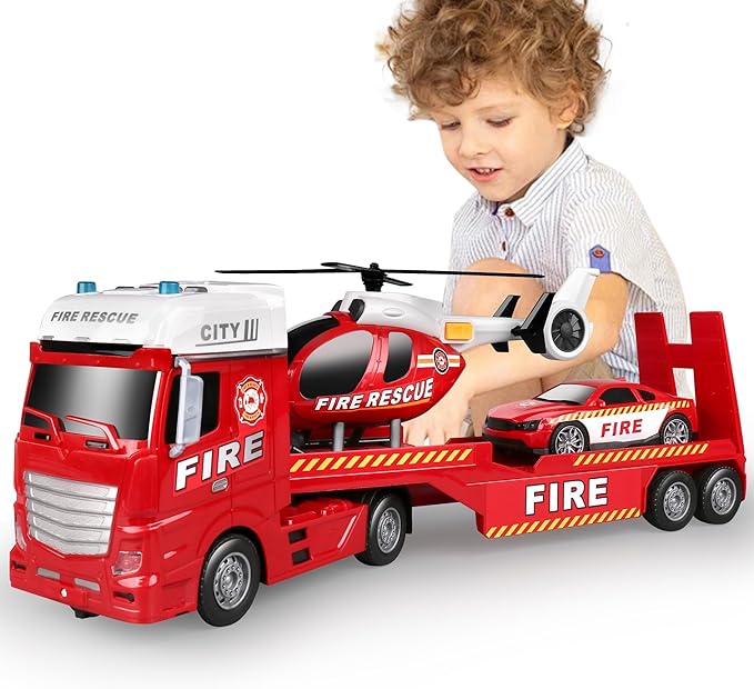 Dwi Dowellin 25.6" Semi Truck Toy with Racing Car and Helicopter for Kids Toddlers - Fire Toys,Birthday Gifts for Boy Toddler Child 2 3 4 5 6 Years Old