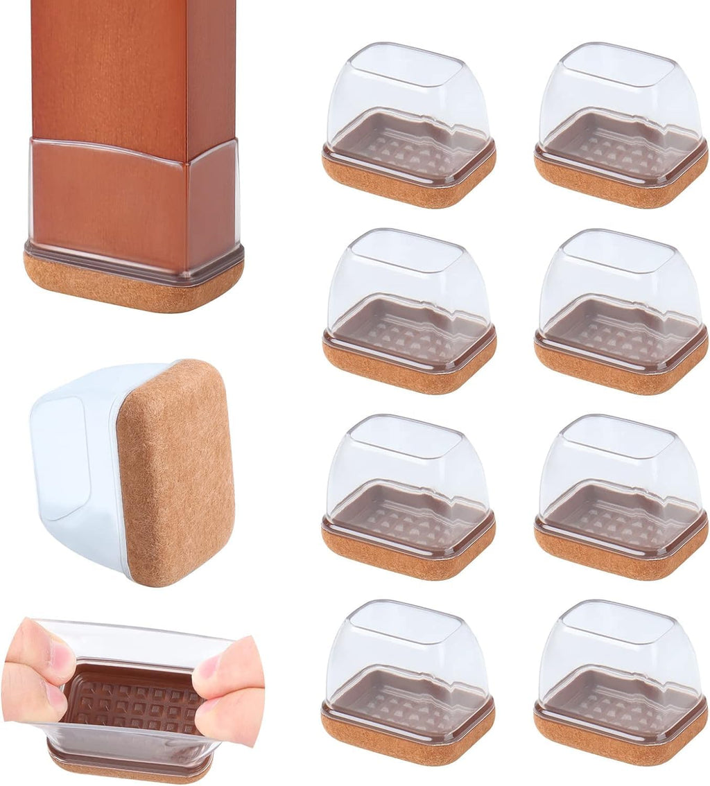 Ezprotekt 8 Pcs Rectangle Clear Silicone Chair Leg Floor Protectors, Rectangle Felt Felt Furniture Pads Caps Covers for Chair Table Desk, Anti- Scratches and No Noise (Fit L :1.3-1.7", W: 0.6-0.9")