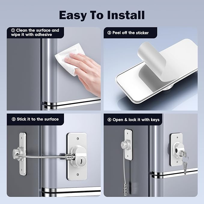 2 Pack Refrigerator Door Lock with Adhesive, No Tools Required, Child Proof Fridge Door Lock for Kids and Pets, Self Adhesive Latch for Freezer, Cabinets, Drawers, Air Oven, Windows (Patent)