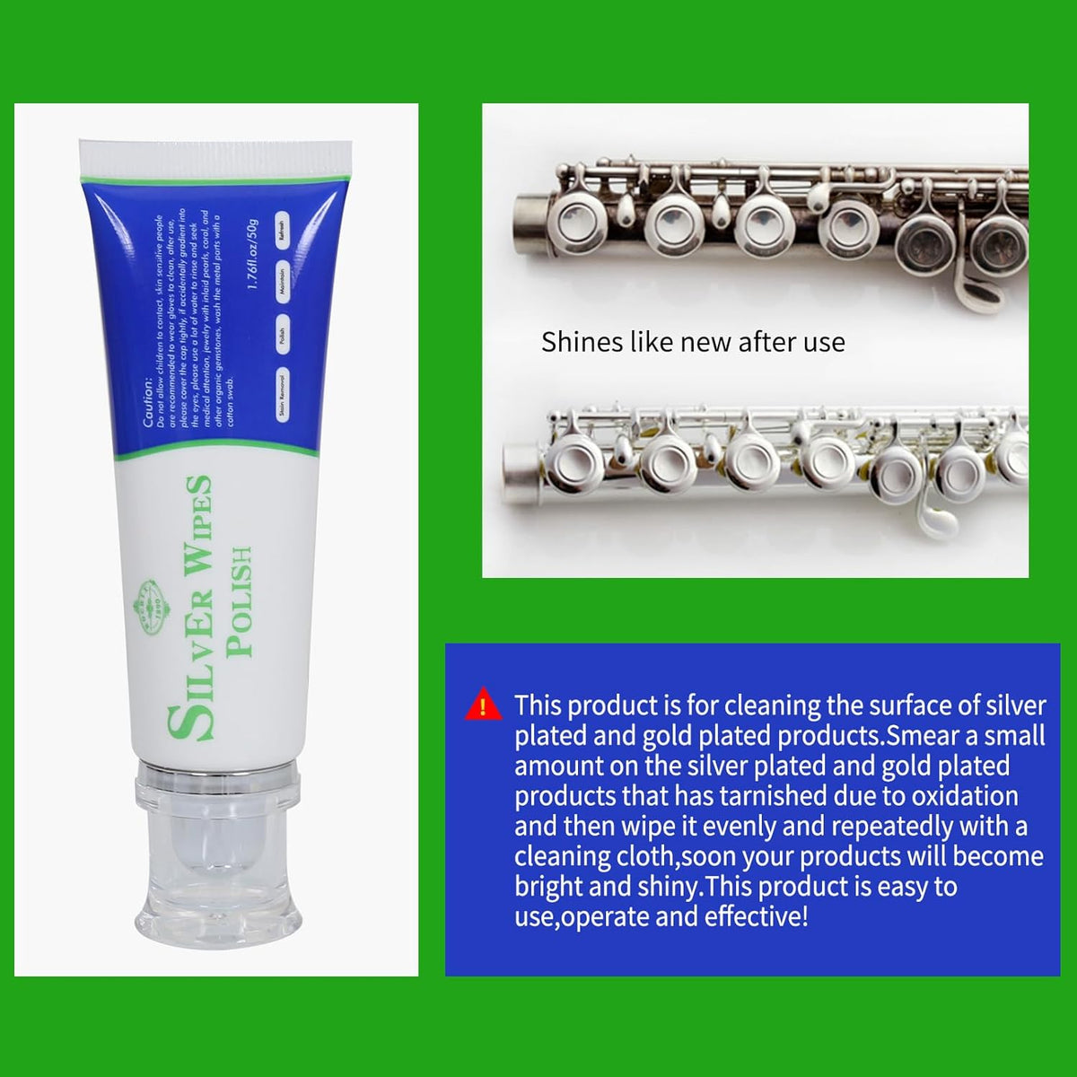 Silver Wipe Polish Cleaner Removes Surface Oxidation Tarnish from Sterling Silver, Silver and Gold Jewellery and the Keys of Instruments for Flutes, Clarinets, Oboes, Bassoons, Trumpets,Silverware