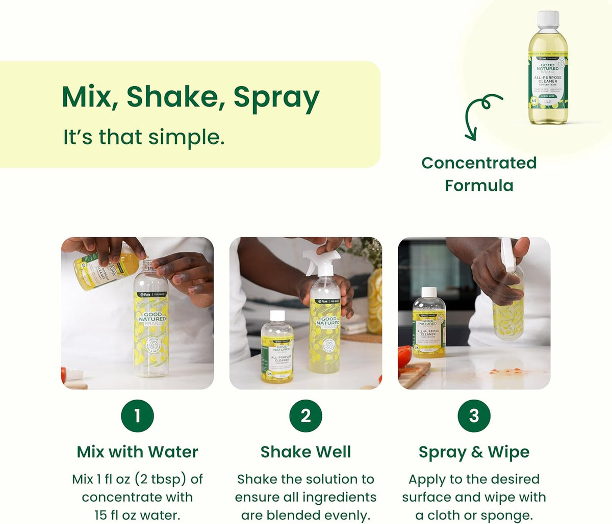 Good Natured Brand All-Purpose Cleaner Concentrate | Multi-Surface Cleaner | Natural Lemon Essential Oil | Multipurpose Cleaner Concentrate All Surfaces | Lemon Love | 4oz makes 64oz