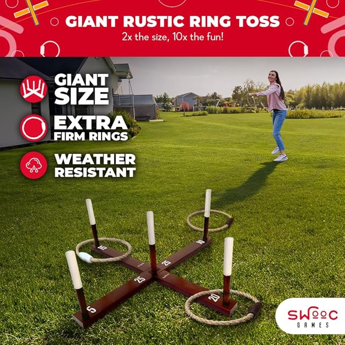SWOOC Games - Rustic Ring Toss Game (All Weather) - Easy Setup & Extra Games Included - Ring Toss Game for Adults - Outdoor Acitivities for Adults - Yard Toys for Kids - Backyard Fun - Outdoor Party