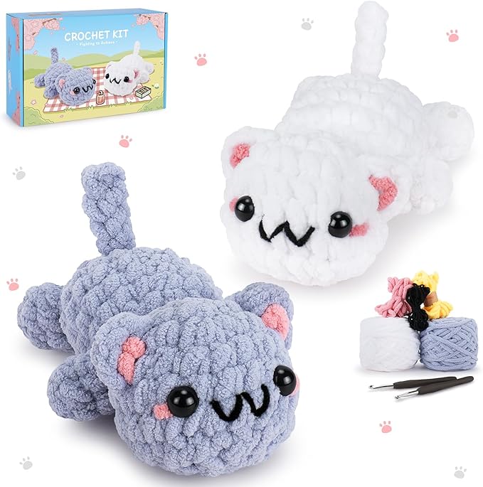 Crochet Kit for Beginners - 2PCS Kitty Crochet Kit with Step-by-Step Video Tutorials, Crochet Starter Kit for Adults and Kids, Learn to Crochet Cat, Beginner Crocheting Kit Easy Peasy Yarn
