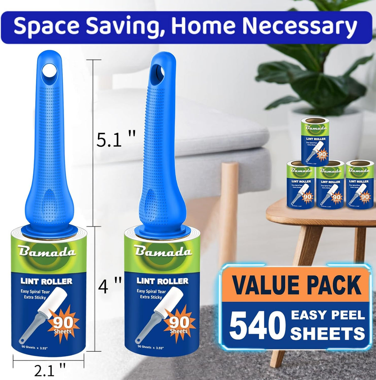 Sticky Lint Roller for Pet Hair: Lint Remover for Dog Cat Hair Mega Value Set 540 Sheets 2 Handles+6 Rollers Fur Removal for Clothes Couch Furniture