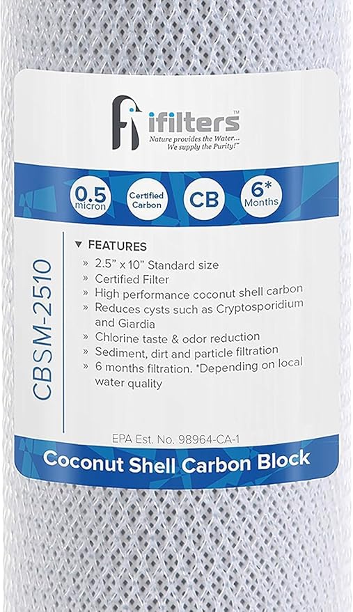 iFilters 0.5-Micron Carbon Block Water Filter – Coconut Shell CTO Drinking Water Filter Cartridge – 10-inch Replacement for Filtration Systems – Reduces Odors, Chlorine Taste – 2.5" x 10" (4 Pack)