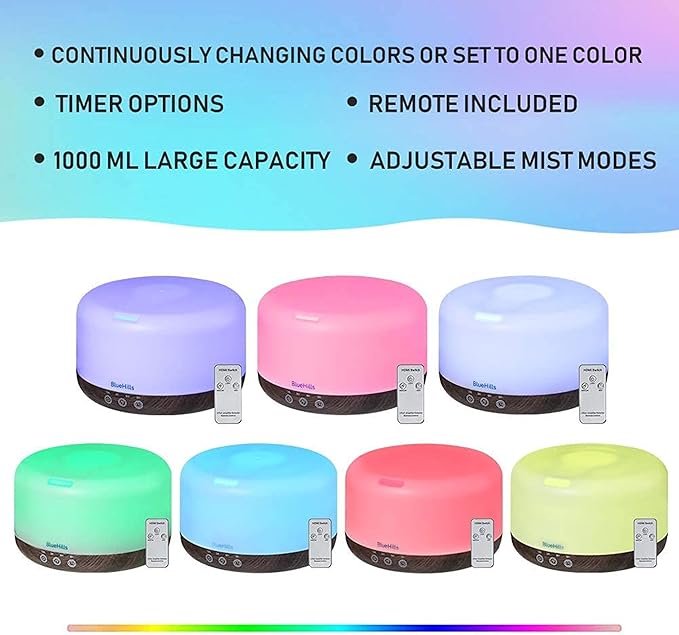 BlueHills Premium 1000 ML Large Essential Oil Diffuser Humidifier for Room Home Aromatherapy Big Capacity Oil Diffuser with Décor LED Lights Long Running Round Diffuser Dark Wood Grain – D002