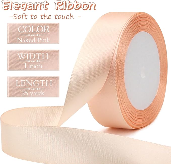 Naked pink Solid Satin Ribbon 1 Inch 25 Yards Solid Polyester Fabric Ribbon for Gift Wrapping Wedding Christmas Baby Shower Birthday Party Decoration Handmade Immortal Flower Craft