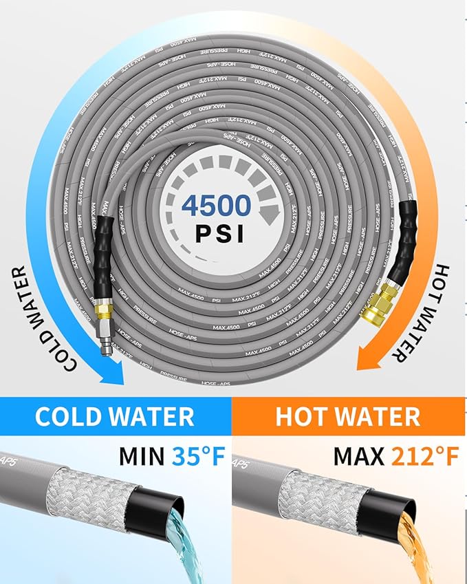 Pressure Washer Hose 50FT 3/8" for Cold and Hot Water 212°F, with Swivel Quick Connect, 4500PSI Kink Resistant Grade Steel Wire Braided, Power Washer Hose With 2pcs M22-14mm Adapter