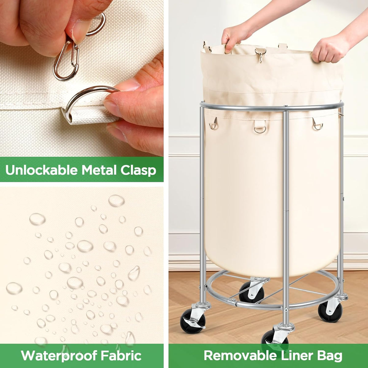 Laundry Hamper with Wheels, 100L Round Rolling Laundry Basket Sorter with Removable Bag, Clothes Cart Organizer with Steel Frame for Bedroom, Bathroom, Laundry Room, Beige