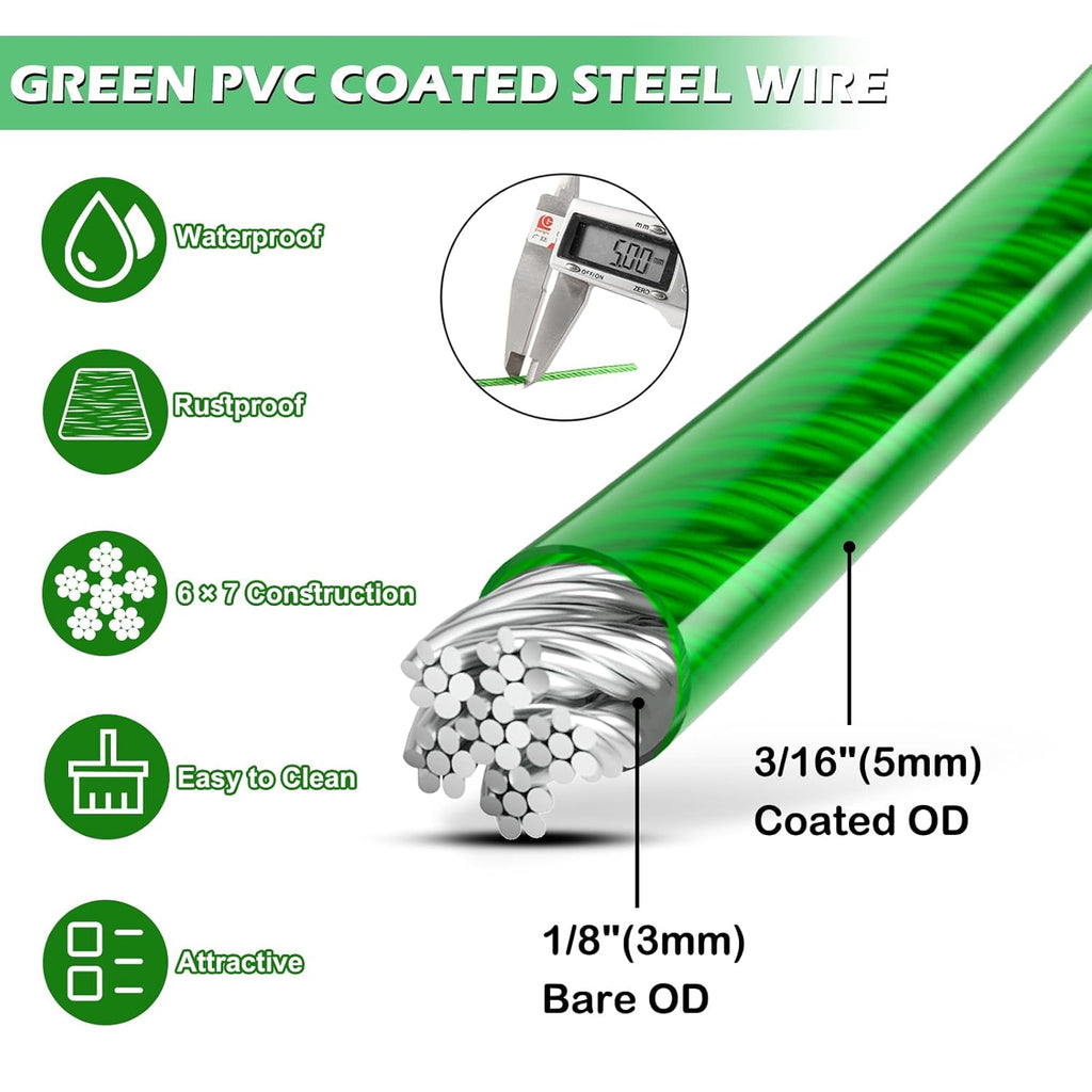 100 Ft Turnbuckles for Cables Wire, 3/16" Green PVC Coated Wire Rope Kit, Multi-use Steel Cable for Grape Vines/Clothes Line Outdoors for T Post/String Light Hanging/Garden Wire