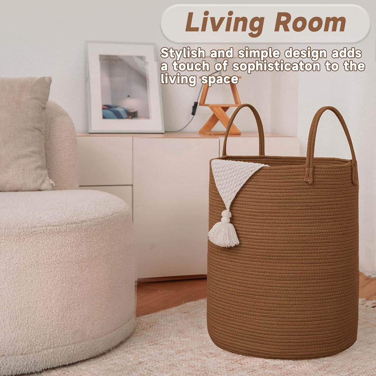 Large Woven Laundry Basket Hamper,100L Cotton Rope Storage Bin for Blankets,Toys and Clothes,Decorative Tall Nursery Hamper for Living Room,Baby Nursery,Bathroom and Bedroom,Golden Jute
