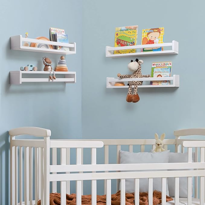 Fun Memories Nursery Book Shelves - Rustic Natural Solid Wood Floating Bookshelf for Kids - Wall Book Shelves for Kids Room (White, 24inch - 4P)