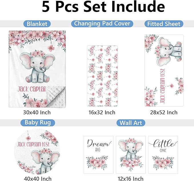 Personalized Nursery Bedding Set, 5 Pcs Custom Crib Sets, Soft Baby Girl Set with Name, Double Layer Elephant Infant Bedding Set Customized Gifts for Toddlers