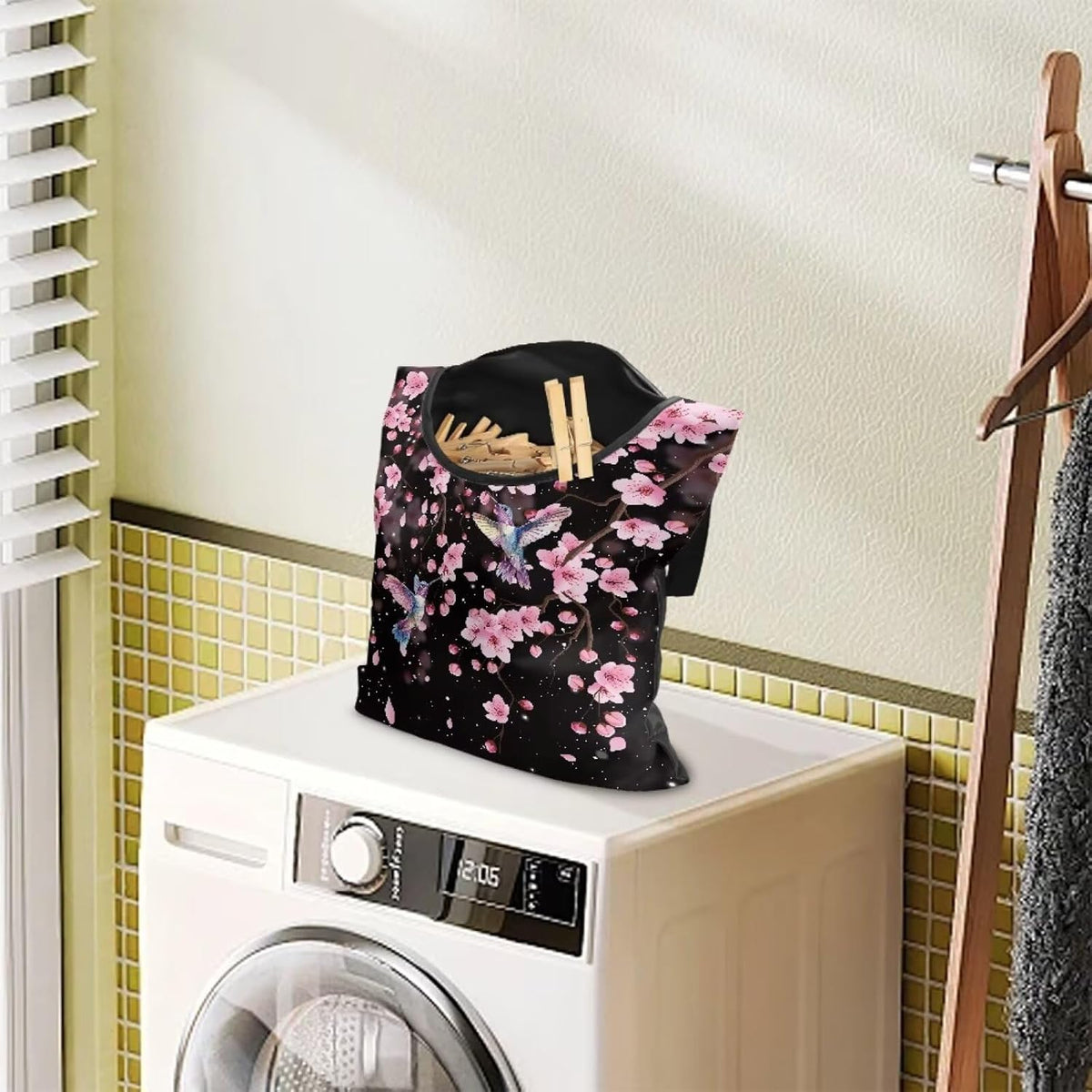 Waterproof Clothespin Bag with Hanger Hook Cherry Blossom Hummingbird - Large Opening Organizer for Balcony, Laundry Room & Apartment Use