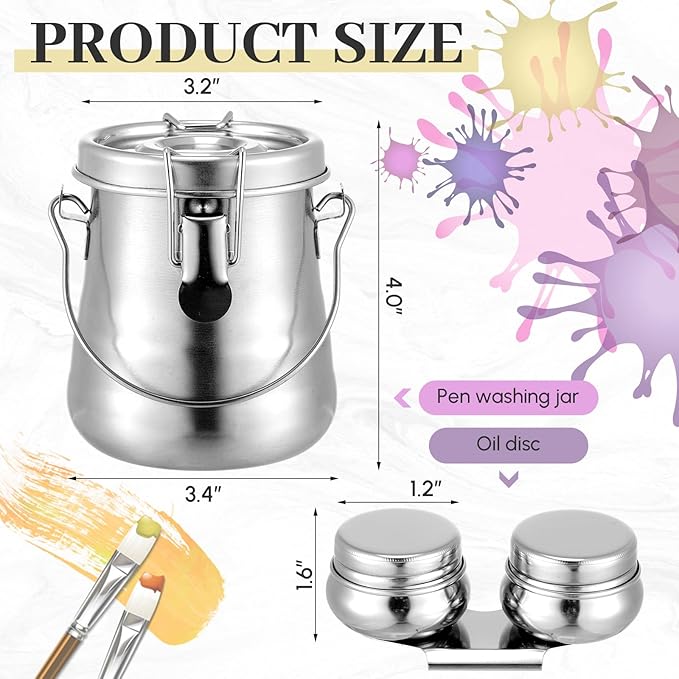 2 Pcs Paint Brush Cleaner Set Airtight Stainless Steel Double Dipper Palette Cup Portable Paint Brush Washer Holder for Oil Cleaner Kits(Medium)