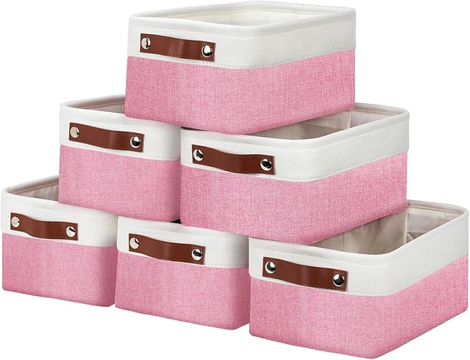 DULLEMELO Small Storage Baskets 6 Pack, Fabric Collapsible Gift Storage Baskets for Shelves, Closets, Nursery, Home, Office Organizing,Small Canvas Linen Rectangular Storage Bins (6-Pack, White&Pink)