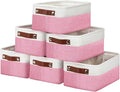DULLEMELO Small Storage Baskets 6 Pack, Fabric Collapsible Gift Storage Baskets for Shelves, Closets, Nursery, Home, Office Organizing,Small Canvas Linen Rectangular Storage Bins (6-Pack, White&Pink)