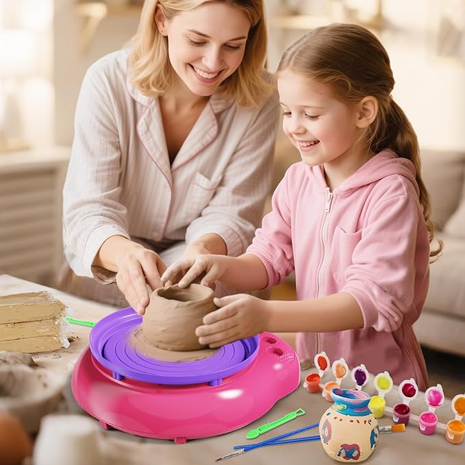 Vinkp Pottery Wheel for Kids - Complete Pottery Painting Kit Arts and Crafts for Kids Ages 8-12 with Air Clay Art Supplies for Girls Boys Toys Birthday Christmas Gifts for 6 7 8 9 10 11 12 - Pink