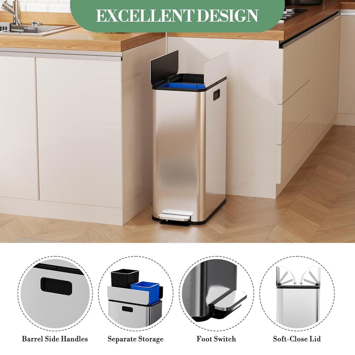 15-Gallon Dual Trash Can, Step-On Pedal Kitchen Trash Bin with Butterfly Lid, Odor-Proof Stainless Steel Large Trash Recycle Bin Combo with Removable Inner Buckets (2 x 28L) - Silver