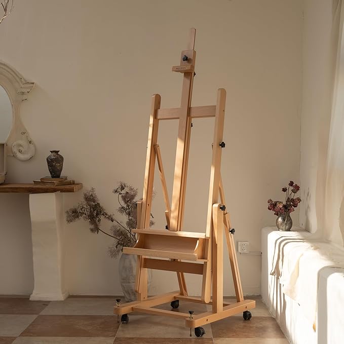 MEEDEN Enlarged Heavy-Duty H-Frame Easel: Artist Solid Beech Wooden Studio Easel - Professional Painting Art Easel Stand with 4 Lockable Wheels & Leveling Bolts - Hold Canvas up to 86" H