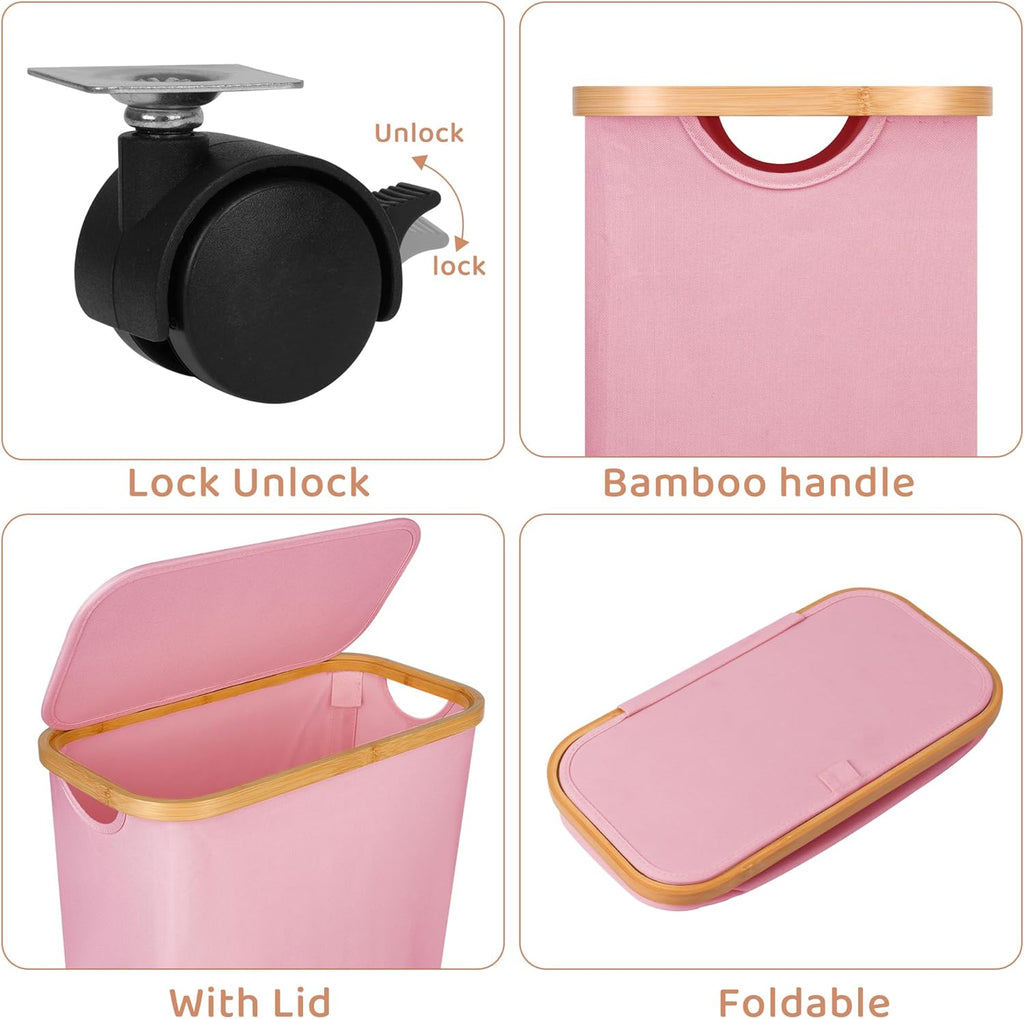 60L Slim Laundry Basket with Wheels,Narrow Hampers for Laundry,Freestanding Laundry Hamper with Lid&Bamboo Handles,Collapsible & Waterproof Tall Cloth Hamper for Dorm Family(Pink)