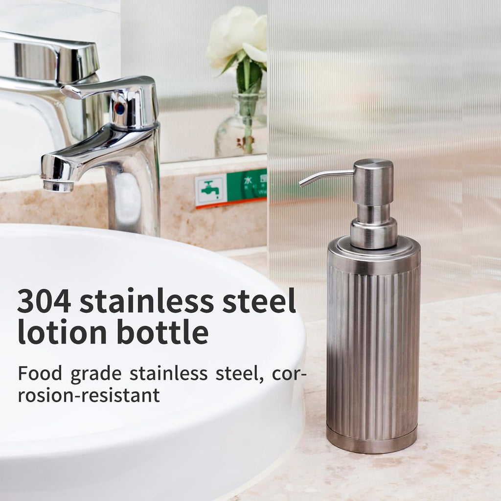 Modern Light Luxury Soap Dispenser with Funnel, Brushed Silver, 304 Stainless Steel, Metal Pump Hand Sanitizer Bottle for Bathroom and Kitchen (10.5 oz/300 ml)