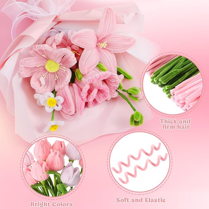 HairChrysm 250Pcs Pipe Cleaners Craft with 20Pcs 11.8in Flower Stems,100Pcs Flower Stamens,2Pcs Floral Tape,1 Roll Ribbon for DIY Pipe Cleaner Flowers