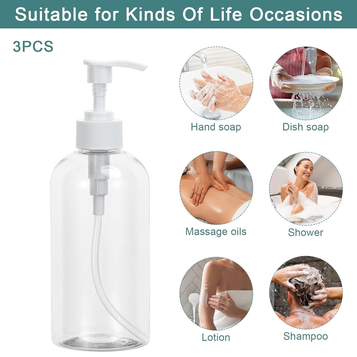 Yebeauty Plastic Pump Bottle, 3 Pack 13.5oz/400ml Stylish Shampoo Bottles Refillable Hand Soap Dish Soap Dispenser with Press for Massage Oil, Liquid Hand, Clear