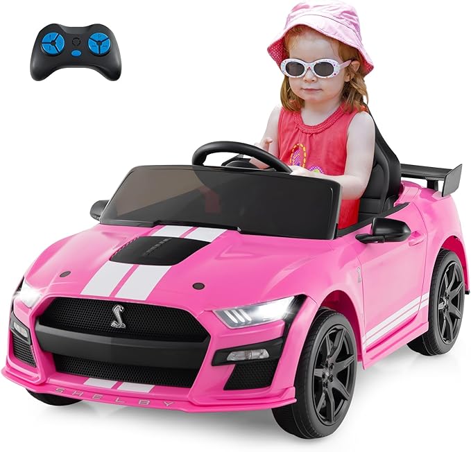 Costzon Ride on Car, 12V Licensed Ford Mustang Shelby GT500 Kids' Electric Vehicles w/Remote Control, USB Port, Radio, Music, Player, High Low Speed & Soft Start, Racing Kids Car for Toddlers (Pink)