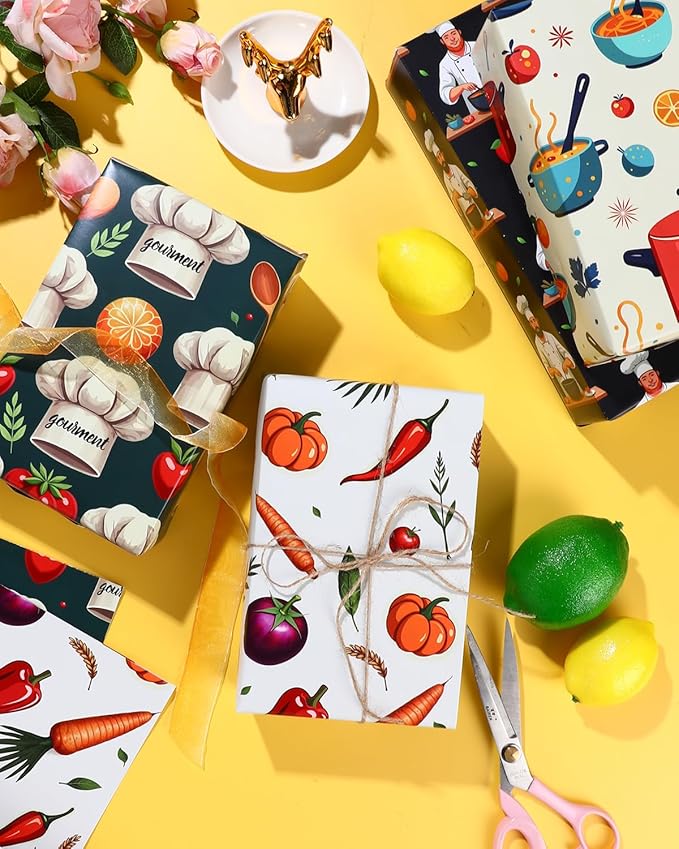 Pineraap 12 Sheets Chef Cooking Wrapping Paper, Vegetable Cooking Theme Gift Wrap Paper for Baker, Tomato, Chef Design Folded Flat Art Paper for Birthday, Kitchen Gifts, DIY Crafts, 19.7 x 27.6 Inch