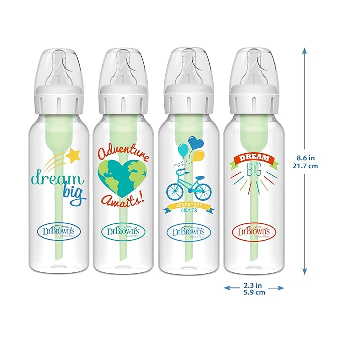 Dr. Brown's Natural Flow Anti-Colic Options+ Narrow Baby Bottle, Dream Adventure, 8 oz/250 mL, with Level 1 Slow Flow Nipple, 0m+, 4 Count (Pack of 1)