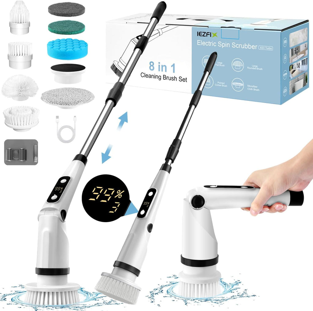 IEZFIX Electric Spin Scrubber, Bathroom Power Shower Scrubber Cleaning Brush for Tub/Tile/Floor/Toilet/Kitchen, 8 Cleaner Scrub Brush Heads, 3 Speeds 450RPM Max, Telescopic Rod Black