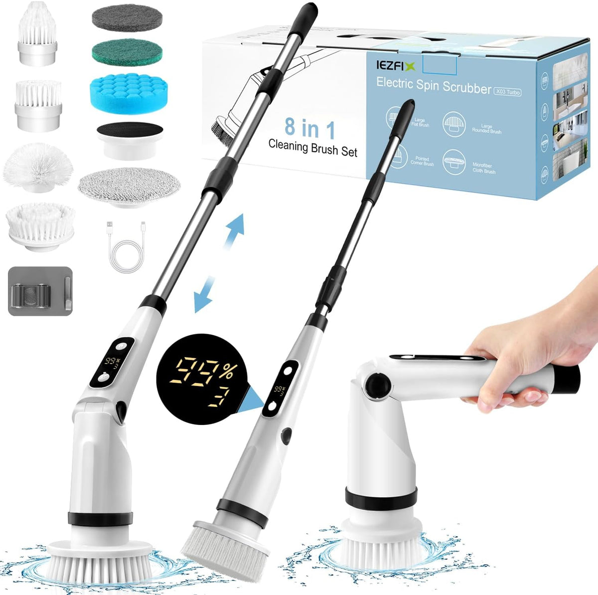 IEZFIX Electric Spin Scrubber, Bathroom Power Shower Scrubber Cleaning Brush for Tub/Tile/Floor/Toilet/Kitchen, 8 Cleaner Scrub Brush Heads, 3 Speeds 450RPM Max, Telescopic Rod Black