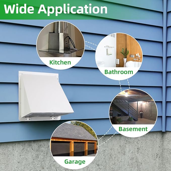 10 Inch Hooded Wall Vent with Screen and Damper,Galvanized Steel Exterior Wall Exhaust Vent Cover Cap for Kitchen Range Hood Duct Ventilation Outside Air Exhaust Applications,White